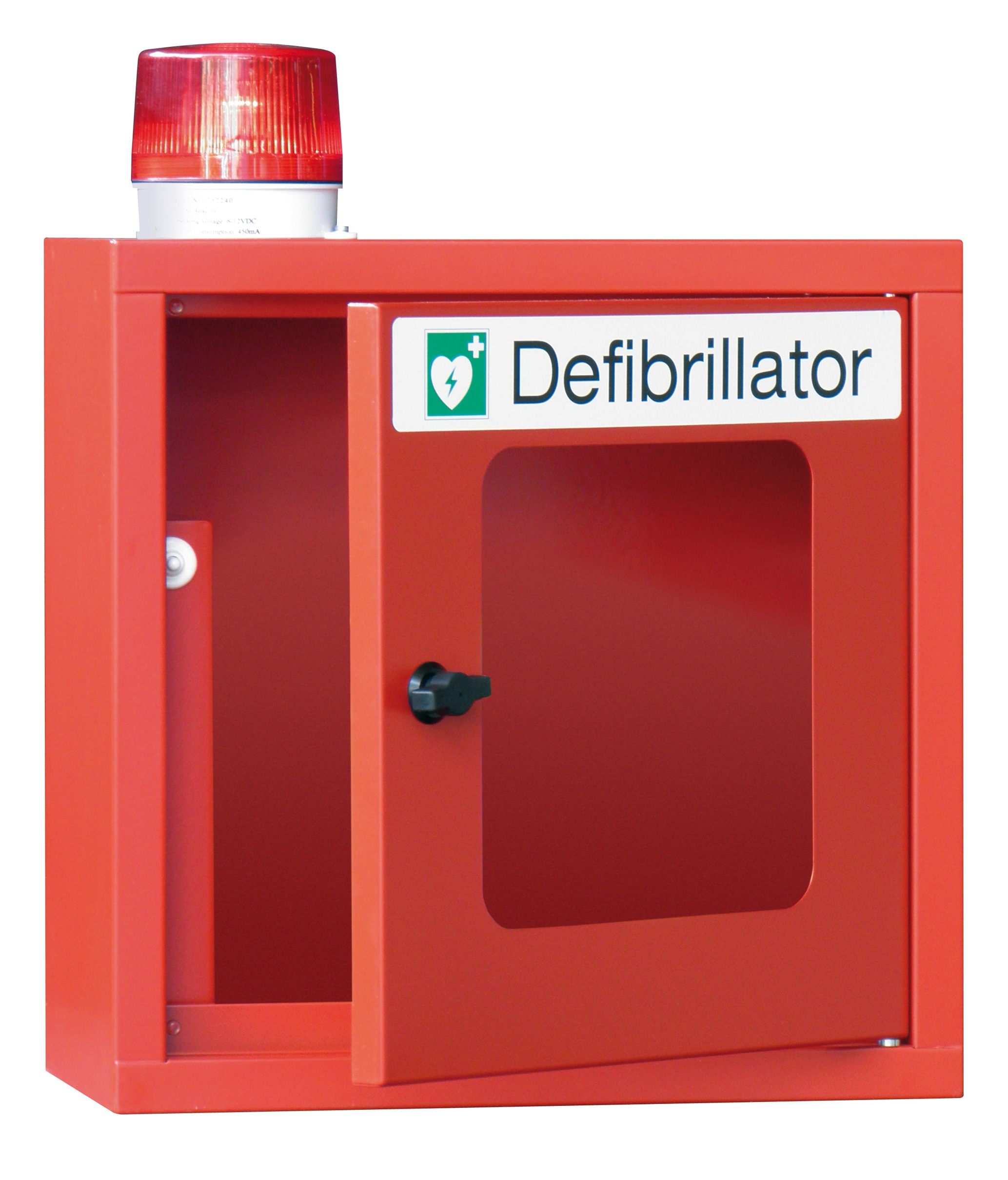 Stahl-Wandschrank für Defibrillator AED mit Kunststoffschauglas, Alugriff, akkustischem Alarm und Alarmleuchte 